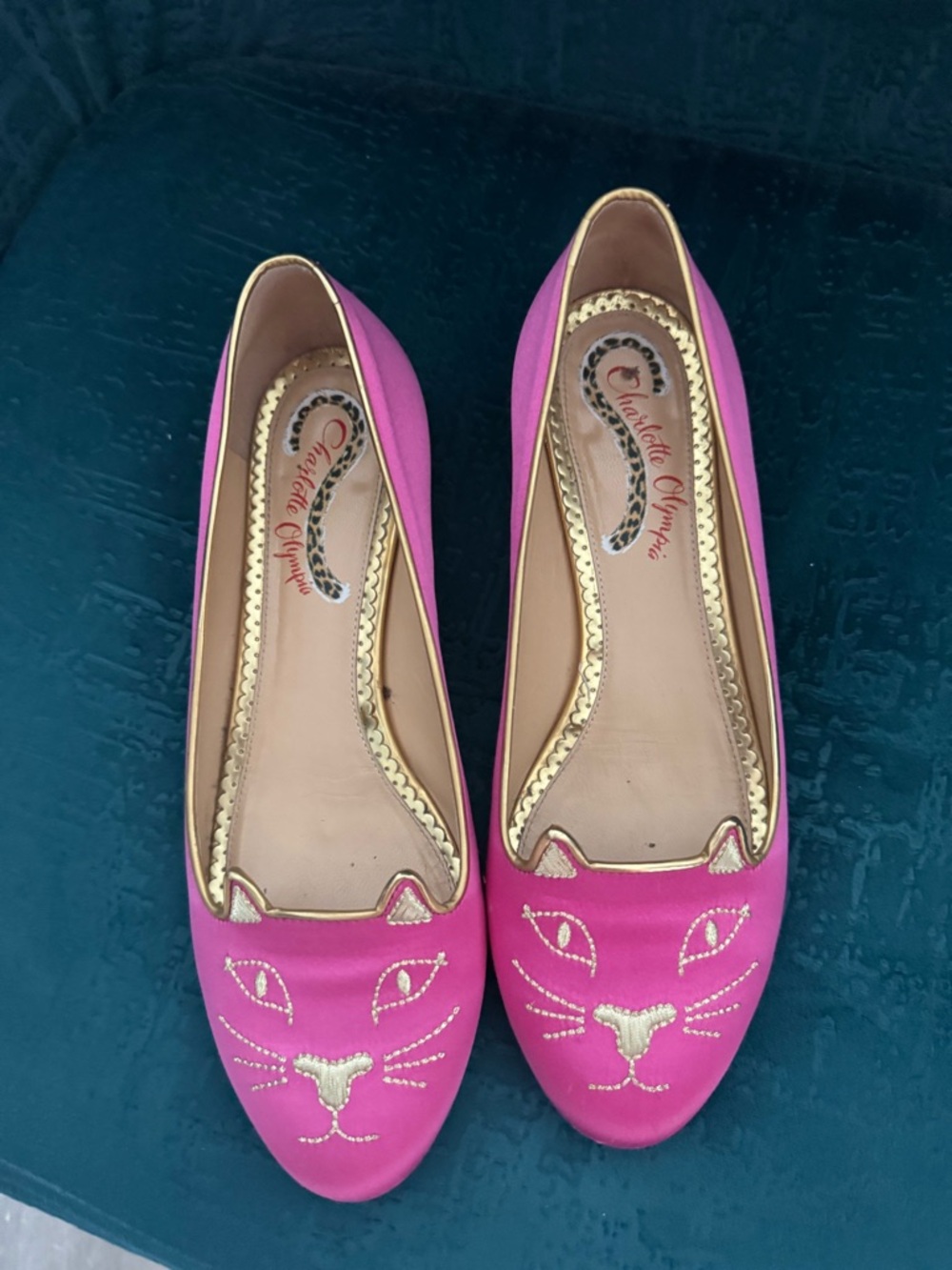 Charlotte Olympia Hot Pink Satin Cat Face Flats with Gold Trim